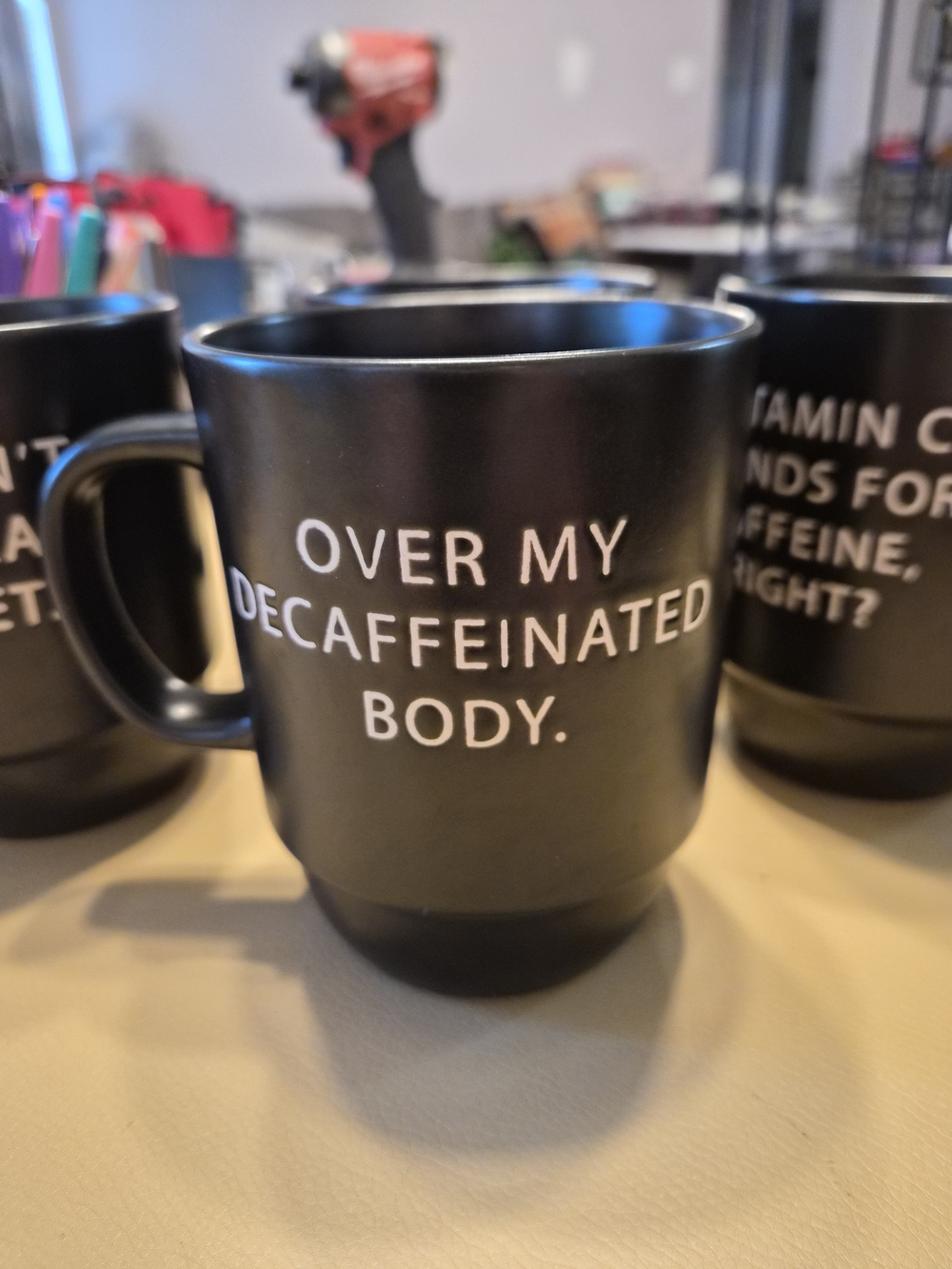 Stackable Black Ceramic Coffee Mug Set with Rack - Humorous White Text - Picture 4 of 7